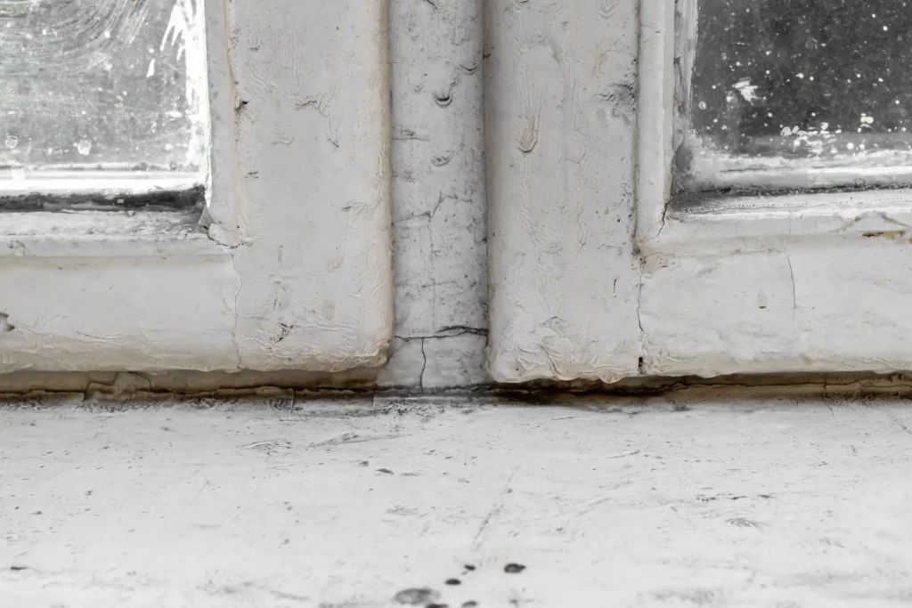 Nahaufnahme eines alten, beschädigten Holzfensterrahmens mit abblätternder Farbe, leichtem Schimmelbefall und sichtbaren Rissen.