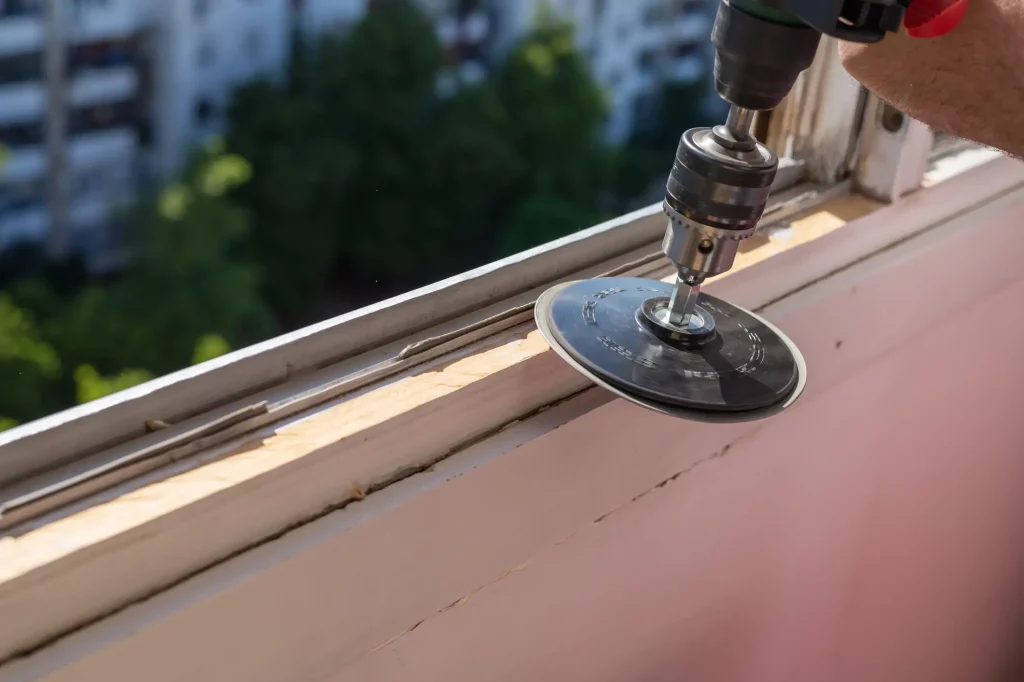 Handwerker schleift mit einem elektrischen Schleifgerät den Rahmen eines Holzfensters für die Sanierung. Im Hintergrund sind unscharf Wohngebäude und Bäume zu sehen.