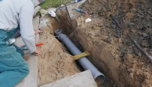 Ein Handwerker in grüner Arbeitskleidung und grauem Sweatshirt führt eine Kanalsanierung durch. Er kniet neben einem offenen Graben im Außenbereich, in dem ein graues Abwasserrohr verlegt ist. Um den Graben herum liegen Werkzeuge und Erdhaufen.