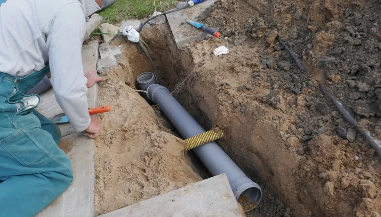 Ein Handwerker in grüner Arbeitskleidung und grauem Sweatshirt führt eine Kanalsanierung durch. Er kniet neben einem offenen Graben im Außenbereich, in dem ein graues Abwasserrohr verlegt ist. Um den Graben herum liegen Werkzeuge und Erdhaufen.