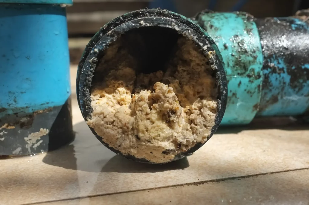 Verstopfter Abwasserrohr mit Fettablagerungen, die eine professionelle Kanalsanierung erfordern. Nahaufnahme eines stark verschmutzten blauen PVC-Rohrs, das durch Fett und andere Ablagerungen blockiert ist. Das Bild illustriert typische Probleme in Abwassersystemen und betont die Notwendigkeit regelmäßiger Wartung und Reinigung.