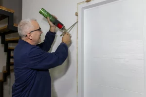 Ein Türenbauer mit grauen Haaren und Brille, der eine Türzarge einbaut. Er verwendet eine Schaum-Pistole, um die Türzarge in der Wand zu fixieren. Der Mann trägt eine dunkelblaue Arbeitsjacke. Im Hintergrund ist eine Holztreppe zu sehen. Das Bild zeigt den handwerklichen Prozess des Türzargeneinbaus im Innenbereich eines Hauses.