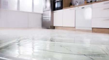 Eine moderne Küche mit weißer und hölzerner Einrichtung ist zu sehen, die von einem schweren Wasserschaden betroffen ist. Der Boden ist mit einer deutlichen Schicht Wasser bedeckt, wodurch kleine Wellen entstehen. Im Hintergrund befinden sich eine Edelstahlkühlschrank, ein Backofen, eine Spülmaschine und ein Waschbecken, die teilweise unscharf sind. An der Wand hängen Küchenutensilien. Das Licht, das durch die Fenster mit Jalousien einfällt, reflektiert auf der Wasseroberfläche. Die Szene zeigt eine deutliche Überflutung, die die gesamte Küche betrifft.