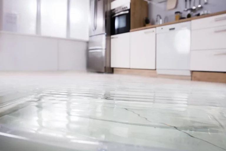 Eine moderne Küche mit weißer und hölzerner Einrichtung ist zu sehen, die von einem schweren Wasserschaden betroffen ist. Der Boden ist mit einer deutlichen Schicht Wasser bedeckt, wodurch kleine Wellen entstehen. Im Hintergrund befinden sich eine Edelstahlkühlschrank, ein Backofen, eine Spülmaschine und ein Waschbecken, die teilweise unscharf sind. An der Wand hängen Küchenutensilien. Das Licht, das durch die Fenster mit Jalousien einfällt, reflektiert auf der Wasseroberfläche. Die Szene zeigt eine deutliche Überflutung, die die gesamte Küche betrifft.