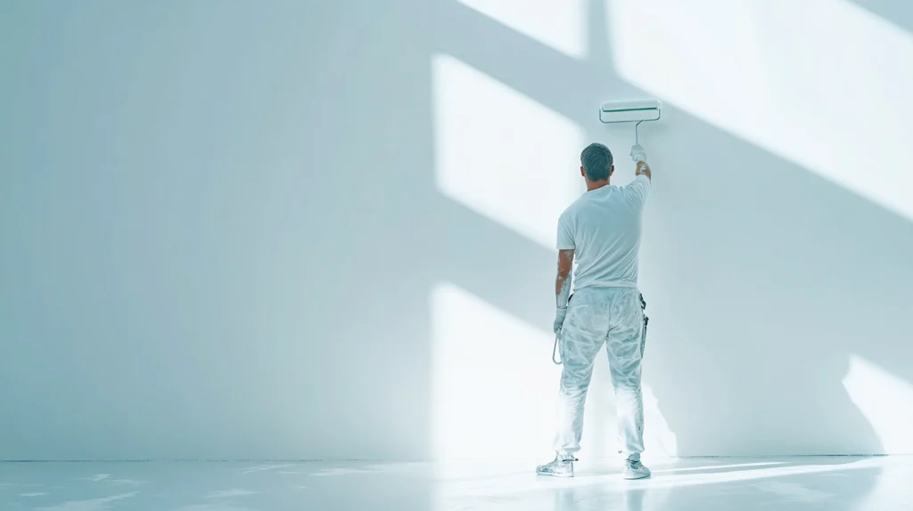 Maler in weißer Arbeitskleidung streicht über eine mit Kalkzementputz verputze Wand.
