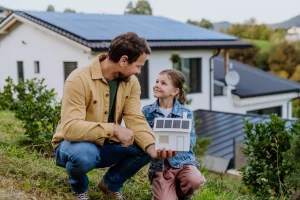 Ein Mann und ein Mädchen knien im Garten vor einem modernen Haus mit Solarpaneelen auf dem Dach. Das Mädchen hält ein Modellhaus mit Solarpaneelen, während sie und der Mann sich lächelnd ansehen.