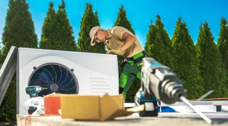 Arbeiter installiert Wärmepumpe