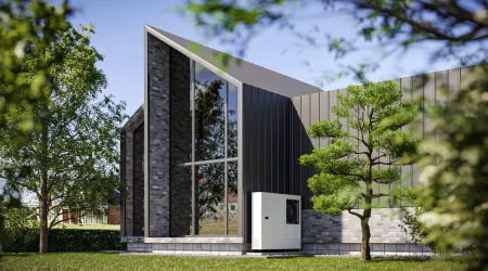 Modernes Haus mit Wärmepumpe und Garten