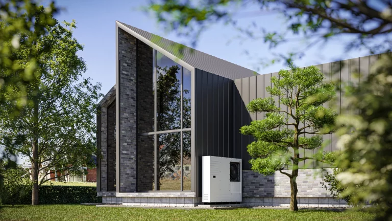 Modernes Haus mit Wärmepumpe und Garten