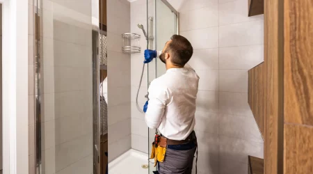 Ein Sanitärinstallateur in Arbeitskleidung und blauen Handschuhen installiert eine Duschwand einer neuen Dusche. Die teils geflieste Dusche hat eine eine weiße Duschtasse und modernisierte Armatur. Der Handwerker trägt Werkzeuge an einem Gürtel um die Hüfte.