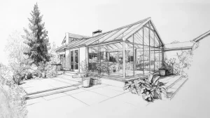 Detailreiche Planungsskizze eines modernen Wintergartens, der an ein Haus mit großzügiger Terrasse angebaut ist. Die Skizze zeigt Glaswände, die einen hellen Innenraum einrahmen, und eine Umgebung mit Pflanzen und Bäumen.