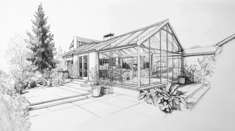 Detailreiche Planungsskizze eines modernen Wintergartens, der an ein Haus mit großzügiger Terrasse angebaut ist. Die Skizze zeigt Glaswände, die einen hellen Innenraum einrahmen, und eine Umgebung mit Pflanzen und Bäumen.