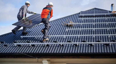 Zwei Handwerker in Arbeitskleidung installieren Photovoltaikmodule auf einem Hausdach.