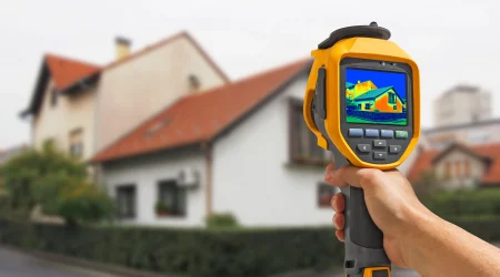 Eine Hand hält Wärmemessgerät auf ein Haus
