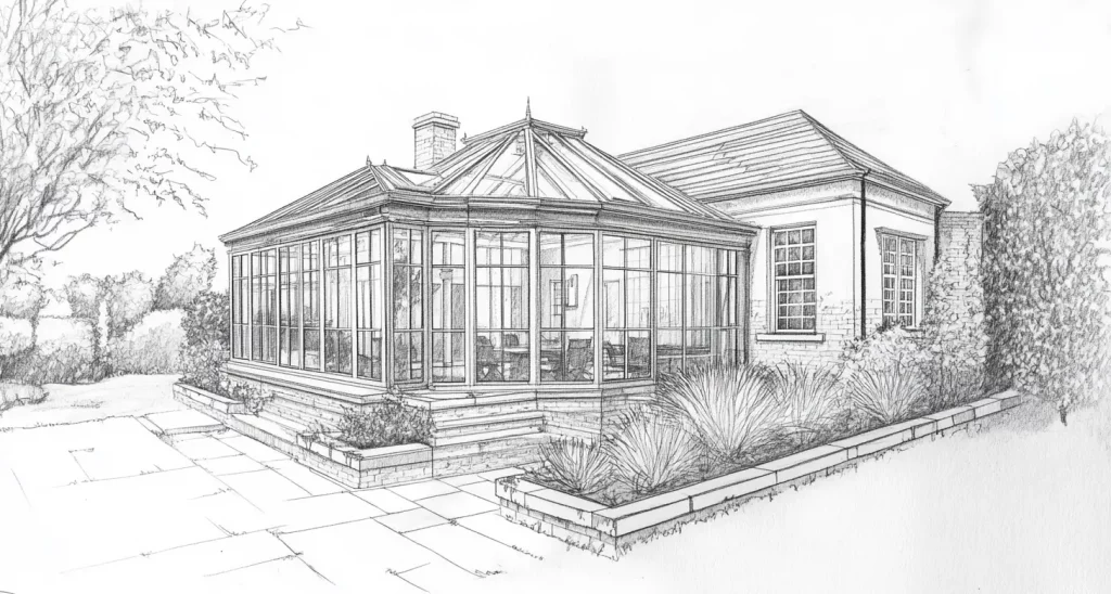"Fein detaillierte Planungsskizze eines Wohnwintergartens mit viktorianischem Design, der an ein Haus mit Sprossenfenstern angebaut ist. Der Wintergarten hat ein steiles Glasdach und großzügige Glaswände, die einen lichtdurchfluteten Innenraum schaffen.