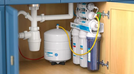 Unter einem Waschbecken installierte Wasserenthärtungsanlage mit mehreren Filtern und einem Wassertank zur Reduzierung von Wasserhärte und zur Verbesserung der Wasserqualität in Haushalten