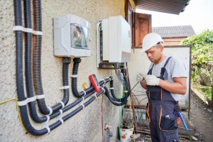Ein auf PV-Anlagen spezialisierter Elektriker schließt einen Wechselrichter an der Außenwand eines Hauses an. Er trägt einen weißen Schutzhelm und Arbeitshandschuhe, während er Kabel mit dem Wechselrichter verbindet. Neben ihm verlaufen mehrere Kabel in Schutzrohren entlang der Wand.