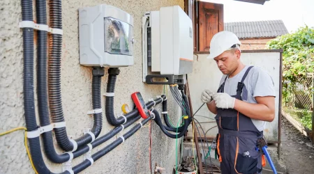 Ein auf PV-Anlagen spezialisierter Elektriker schließt einen Wechselrichter an der Außenwand eines Hauses an. Er trägt einen weißen Schutzhelm und Arbeitshandschuhe, während er Kabel mit dem Wechselrichter verbindet. Neben ihm verlaufen mehrere Kabel in Schutzrohren entlang der Wand.