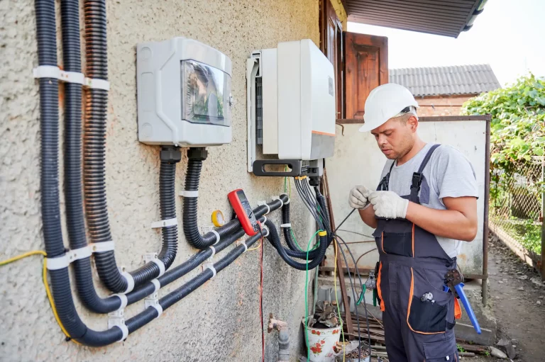 Ein auf PV-Anlagen spezialisierter Elektriker schließt einen Wechselrichter an der Außenwand eines Hauses an. Er trägt einen weißen Schutzhelm und Arbeitshandschuhe, während er Kabel mit dem Wechselrichter verbindet. Neben ihm verlaufen mehrere Kabel in Schutzrohren entlang der Wand.