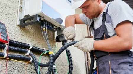Ein Elektriker in Arbeitskleidung und Schutzhelm schließt einen PV-Anlagen Wechselrichter an einer Wand an. Der Wechselrichter ist mit mehreren Kabeln verbunden, die in schwarzen Kabelschutzschläuchen gebündelt sind. Auf der linken Seite ist ein Multimeter an den Kabeln angebracht, um elektrische Messungen durchzuführen.