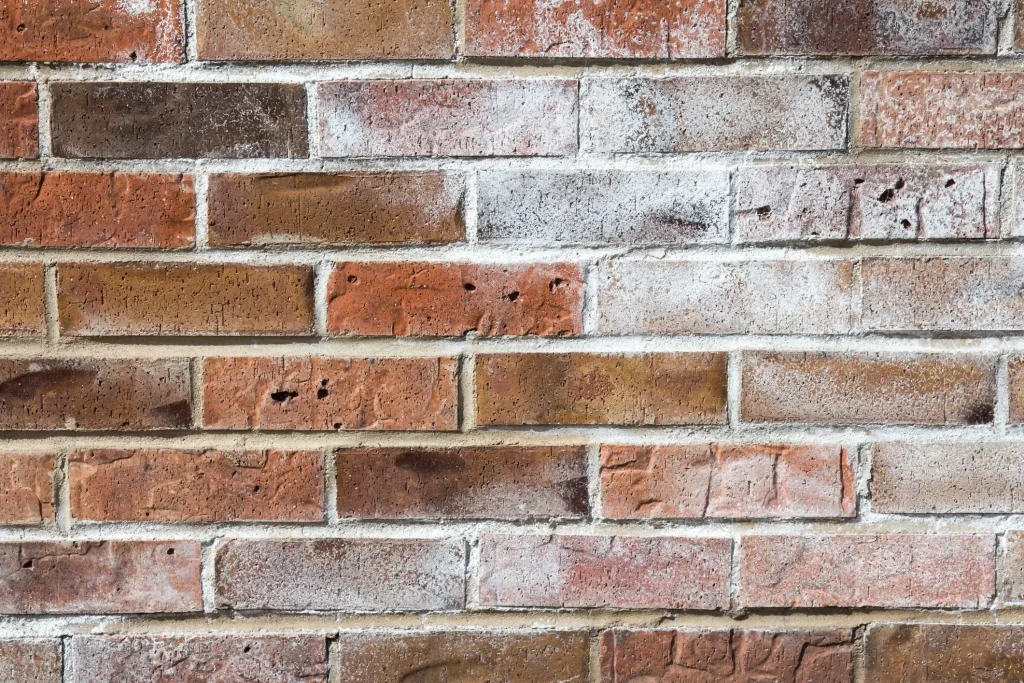 Nahaufnahme einer Klinkerfassade mit weißen Ausblühungen auf den Ziegeln.