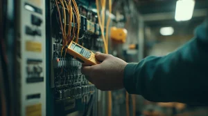 Elektriker führt eine Betriebsmittelprüfung durch.