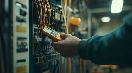 Elektriker führt eine Betriebsmittelprüfung durch.