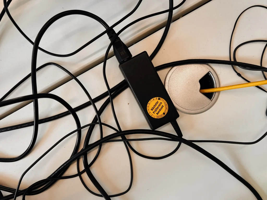 Stromnetzteil mit einem gelben Aufkleber, der eine erfolgreiche elektrische Betriebsmittelprüfung und den nächsten Prüftermin anzeigt. Das Netzteil liegt auf einem Tisch, umgeben von mehreren Kabeln. Im Hintergrund ist eine Tischdurchführung mit einem gelben Kabel zu sehen.