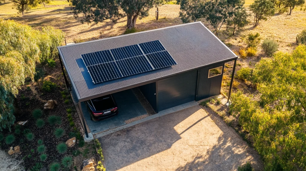 Ein Carport aus Metall mit Anbau und Solarzellen auf dem Dach
