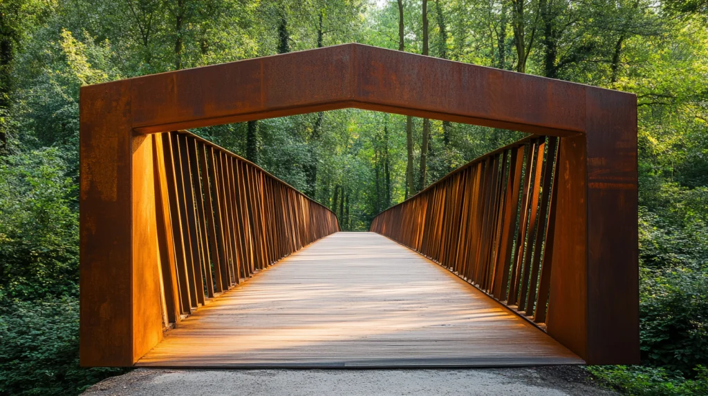 Eine moderne Brücke aus Cortenstahl in einem Waldabschnitt
