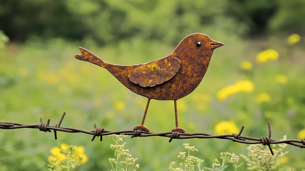 Ein Gartendekoelement in Form eines Vogels aus Cortenstahl