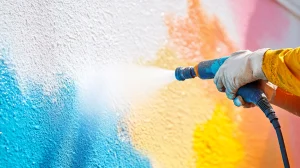 Graffiti wird mit Hochdruckdüse von einer Hauswand entfernt.