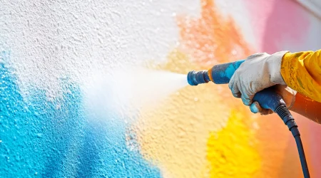 Graffiti wird mit Hochdruckdüse von einer Hauswand entfernt.