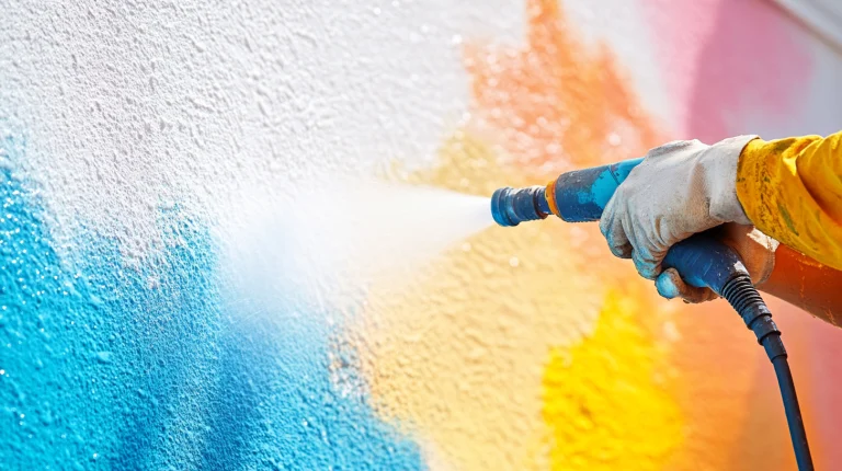 Graffiti wird mit Hochdruckdüse von einer Hauswand entfernt.