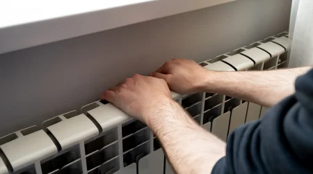Nahaufnahme von zwei Händen, die eine warme Heizung berühren. Die Person überprüft, warum die Heizung nicht mehr ausgeht. Der Heizkörper ist an einer Wand unter einem Fenster angebracht.