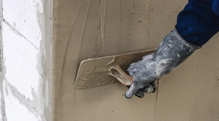 Handwerker trägt Kalkzementputz mit einer Kelle auf eine Außenwand auf. Die Außenwand besteht aus Ziegelsteinen und wird verputzt, um die Oberfläche zu glätten und zu schützen.