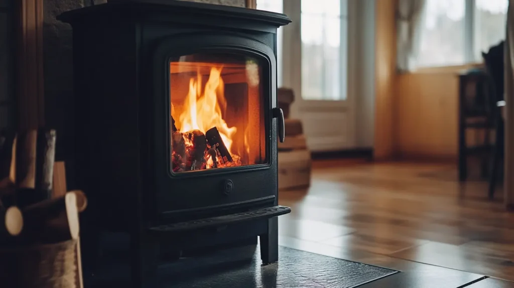 Kaminofen in einem Wohnzimmer mit Schutzmatte als Boden unter dem Kamin