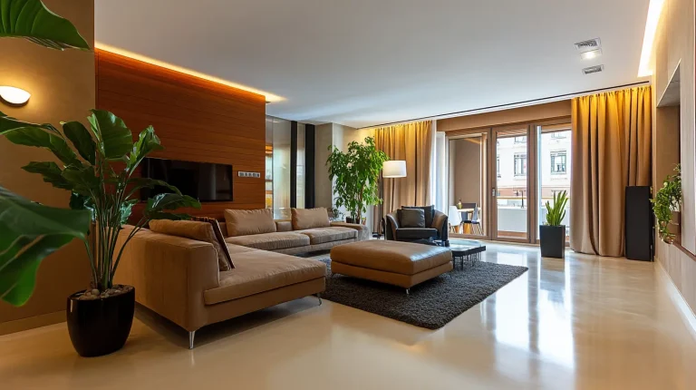 Ein modernes Wohnzimmer mit Boden aus Kunstharzestrich