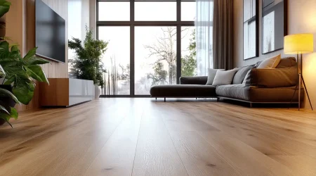 Hochwertiger Laminatboden in einem modernen Wohnzimmer mit natürlicher Holzoptik. Der Boden verleiht dem Raum eine warme und einladende Atmosphäre. Im Hintergrund sind ein graues Sofa, Pflanzen und große Fensterfronten, die viel Tageslicht hereinlassen, sichtbar.