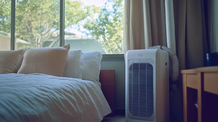 Ein Schlafzimmer mit einer mobilen Klimaanlage neben dem Bett