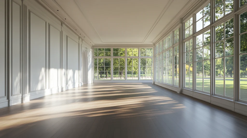 Großer stark beleuchteter Raum mit Panorama-Fenstern