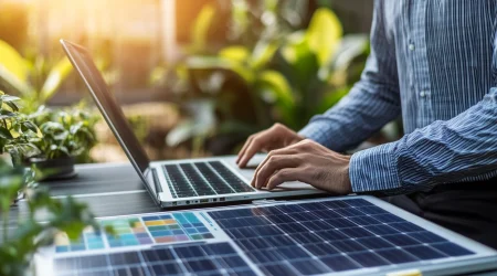 Eine männliche Person in einem Büro mit grünen Pflanzen beantragt eine Photovoltaik Förderung an einem Laptop. Im Vordergrund sind Solarmodule und Diagramme zu sehen.