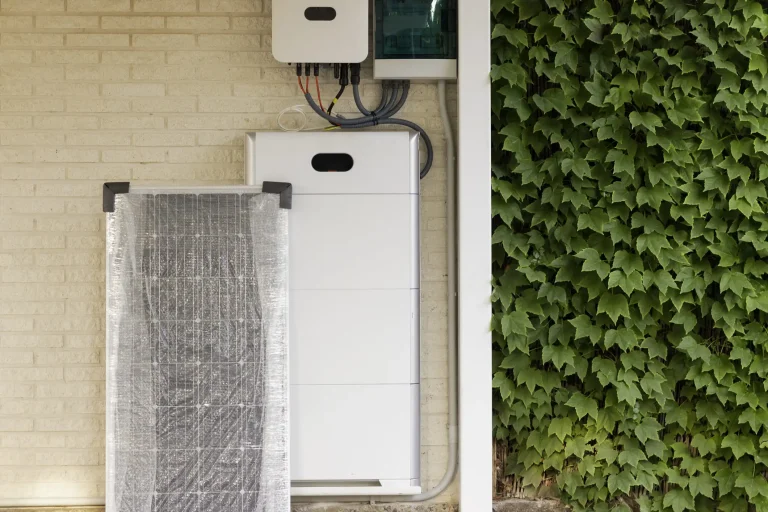 Photovoltaik-Speichersystem an einer Hauswand neben einem neu verpackten Solarmodul, mit grüner, bewachsener Wand im Hintergrund.