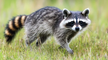 Ein Waschbär auf einer Wiese in einem Garten.