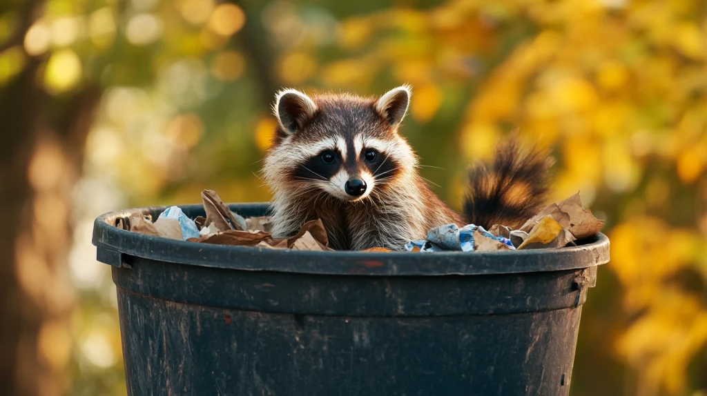 Ein Waschbär in einer Garten-Abfalltonne.