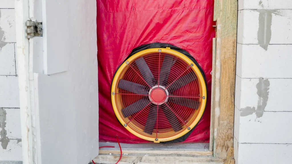 Ein Blower-Door-Test, der zur Überprüfung der Luftdichtheit eines Gebäudes durchgeführt wird. Ein großer Ventilator ist in eine Türöffnung mit roter Folienabdichtung eingesetzt. Der Test hilft, Wärmeverluste zu identifizieren und die Energieeffizienz des Gebäudes zu verbessern.