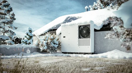 Außenansicht eines Hauses im Winter mit schneebedecktem Dach und einer Wärmepumpeneinheit, die Teil einer Eisspeicherheizung ist. Die Eisspeicherheizung nutzt eine unterirdische Zisterne, in der Sole zirkuliert, um thermische Energie auch bei niedrigen Außentemperaturen effizient bereitzustellen.