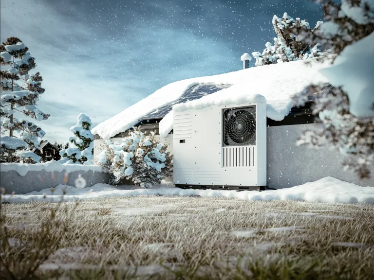 Außenansicht eines Hauses im Winter mit schneebedecktem Dach und einer Wärmepumpeneinheit, die Teil einer Eisspeicherheizung ist. Die Eisspeicherheizung nutzt eine unterirdische Zisterne, in der Sole zirkuliert, um thermische Energie auch bei niedrigen Außentemperaturen effizient bereitzustellen.