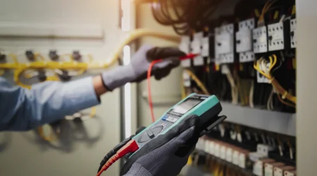 Elektriker misst mit einem Multimeter die Spannung in einem Schaltschrank. Zahlreiche Kabel und Schalterelemente sind sichtbar, die Hände sind mit Schutzhandschuhen gesichert.