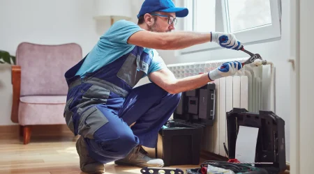 Ein Heizungsbauer in blauer Arbeitskleidung entlüftet eine pfeifende Heizung in einem Wohnzimmer. Er verwendet eine Zange, während verschiedene Werkzeuge in einem offenen Werkzeugkoffer neben ihm auf dem Boden liegen.